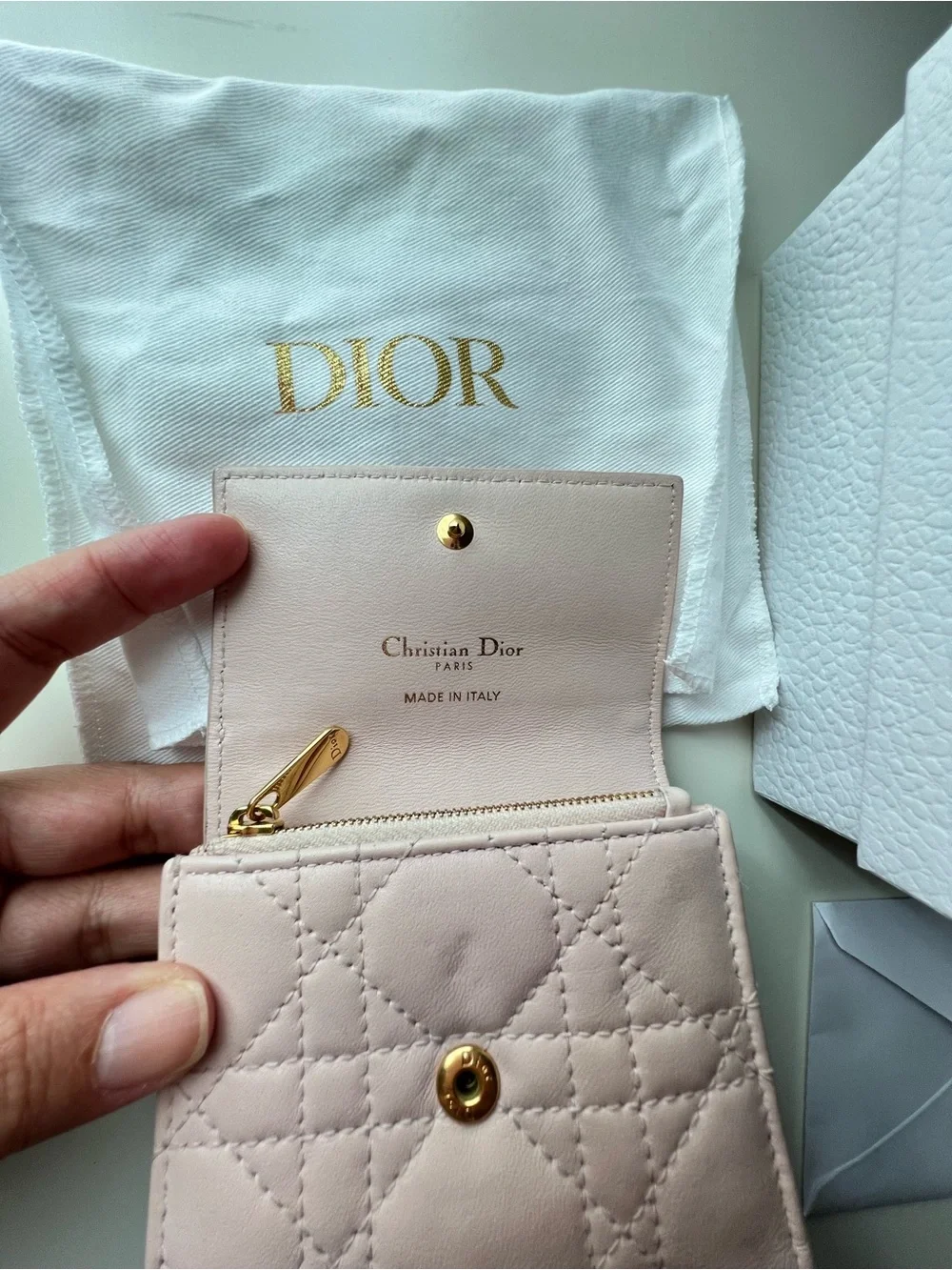 Dior Light Pink Quilted Leather Card Wallet with Gold Hardware